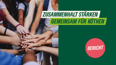 KI generiert: Das Bild zeigt eine Gruppe von Menschen, die ihre Hände in der Mitte übereinanderlegen, als Zeichen des Zusammenhalts. Daneben steht der Text: "ZUSAMMENHALT STÄRKEN GEMEINSAM FÜR KÖTHEN."