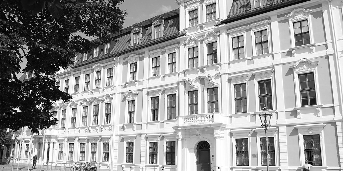 KI generiert: Das Bild zeigt ein historisches, mehrstöckiges Gebäude mit einer kunstvoll verzierten Fassade und zahlreichen Fenstern. Im Vordergrund sind ein Baum, ein Fahrrad und eine Straßenlaterne zu sehen.