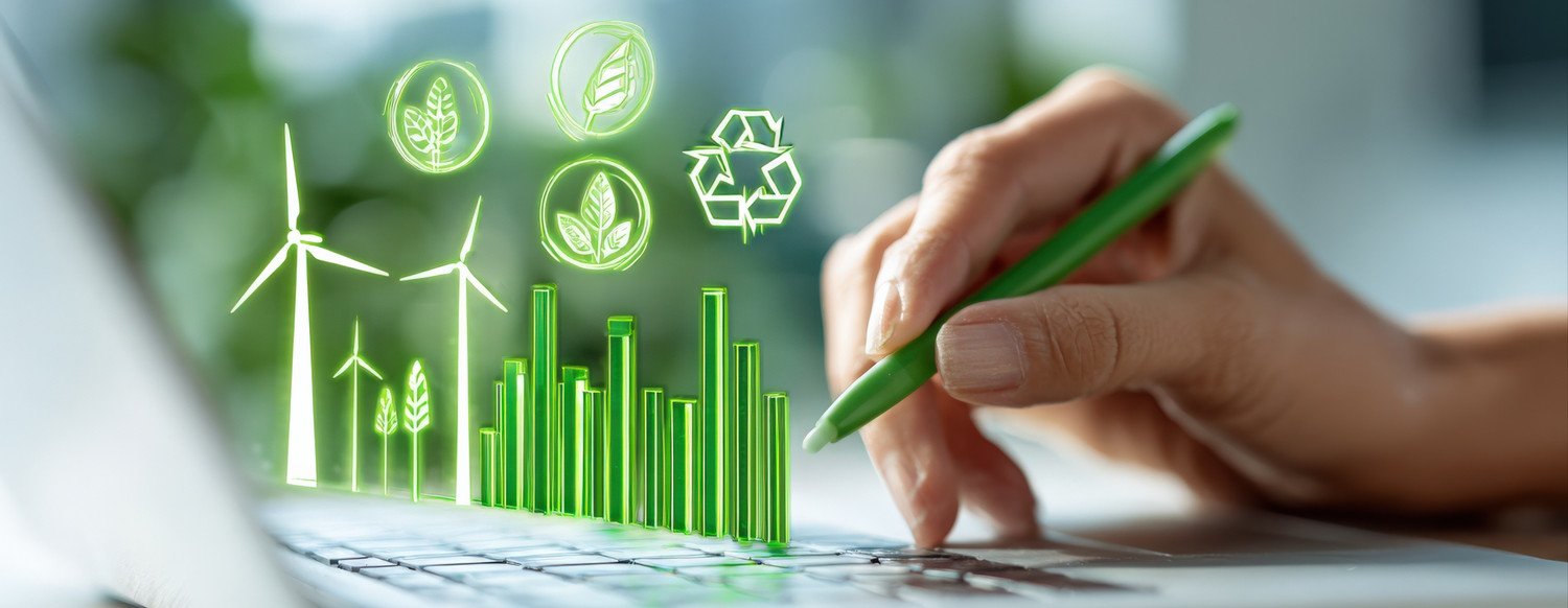 KI generiert: Das Bild zeigt eine Hand, die mit einem Stift auf einer Computertastatur arbeitet, während grüne Symbole für Nachhaltigkeit, wie Windkraftanlagen und Recycling, sowie ein Diagramm darüber projiziert werden. Der Hauptinhalt des Bildes fokussiert sich auf das Thema Nachhaltigkeit und Umwelttechnologie.