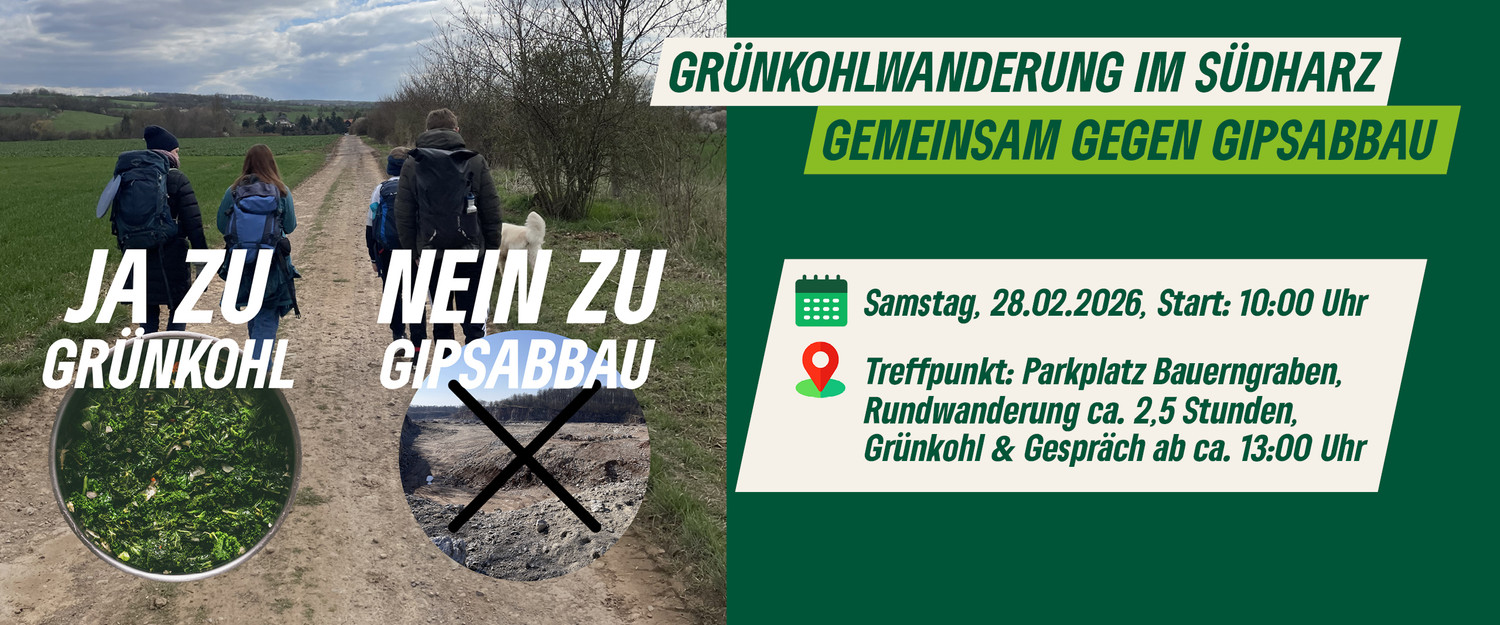 KI generiert: Das Bild informiert über eine Grünkohlwanderung im Südharz am 28.02.2026, die sich gegen den Gipsabbau richtet. Eine Gruppe von Personen wandert auf einem Feldweg, flankiert von Slogans "Ja zu Grünkohl" und "Nein zu Gipsabbau".