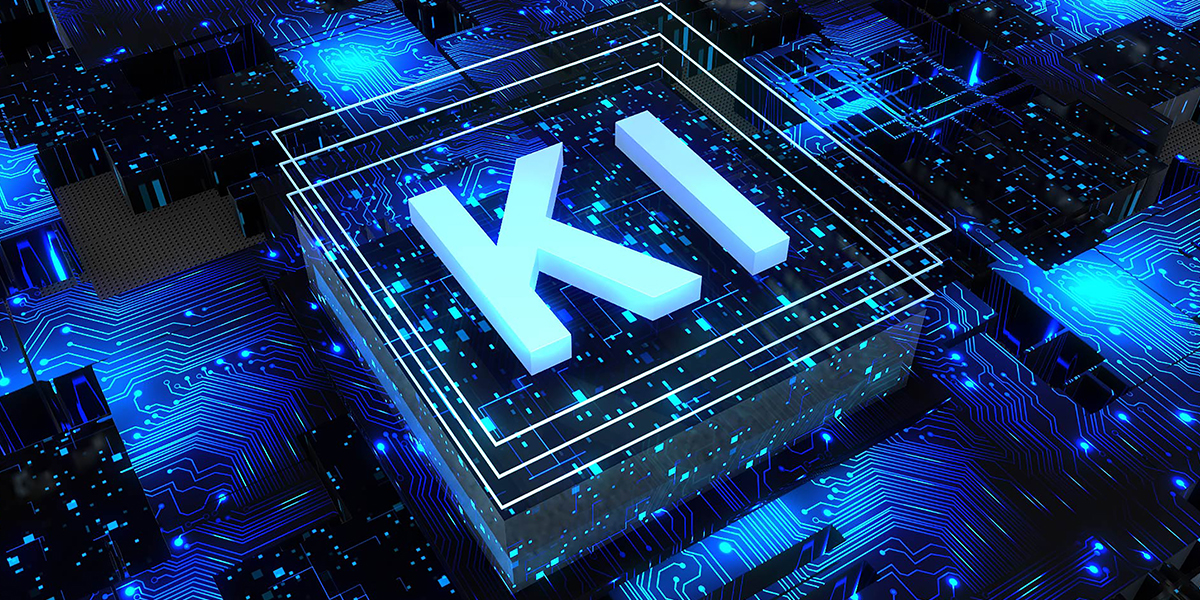 KI generiert: Das Bild zeigt den Schriftzug "KI" in großen, leuchtenden Buchstaben auf einer stilisierten, blau-schwarzen Schaltkreis-Hintergrund. Es symbolisiert das Thema künstliche Intelligenz in einem technologischen Kontext.