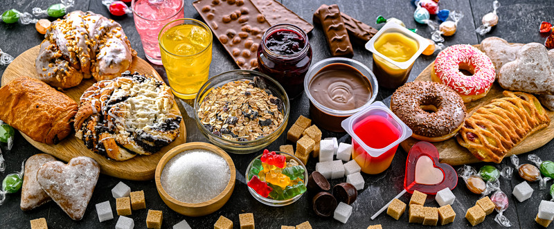 KI generiert: Das Bild zeigt eine Vielzahl von süßen Lebensmitteln und Snacks, darunter Donuts, Kekse, Kuchen, Marmelade und Süßigkeiten. Zuckerwürfel und Getränke sind ebenfalls sichtbar, was das Thema Zucker und Süßigkeiten betont.