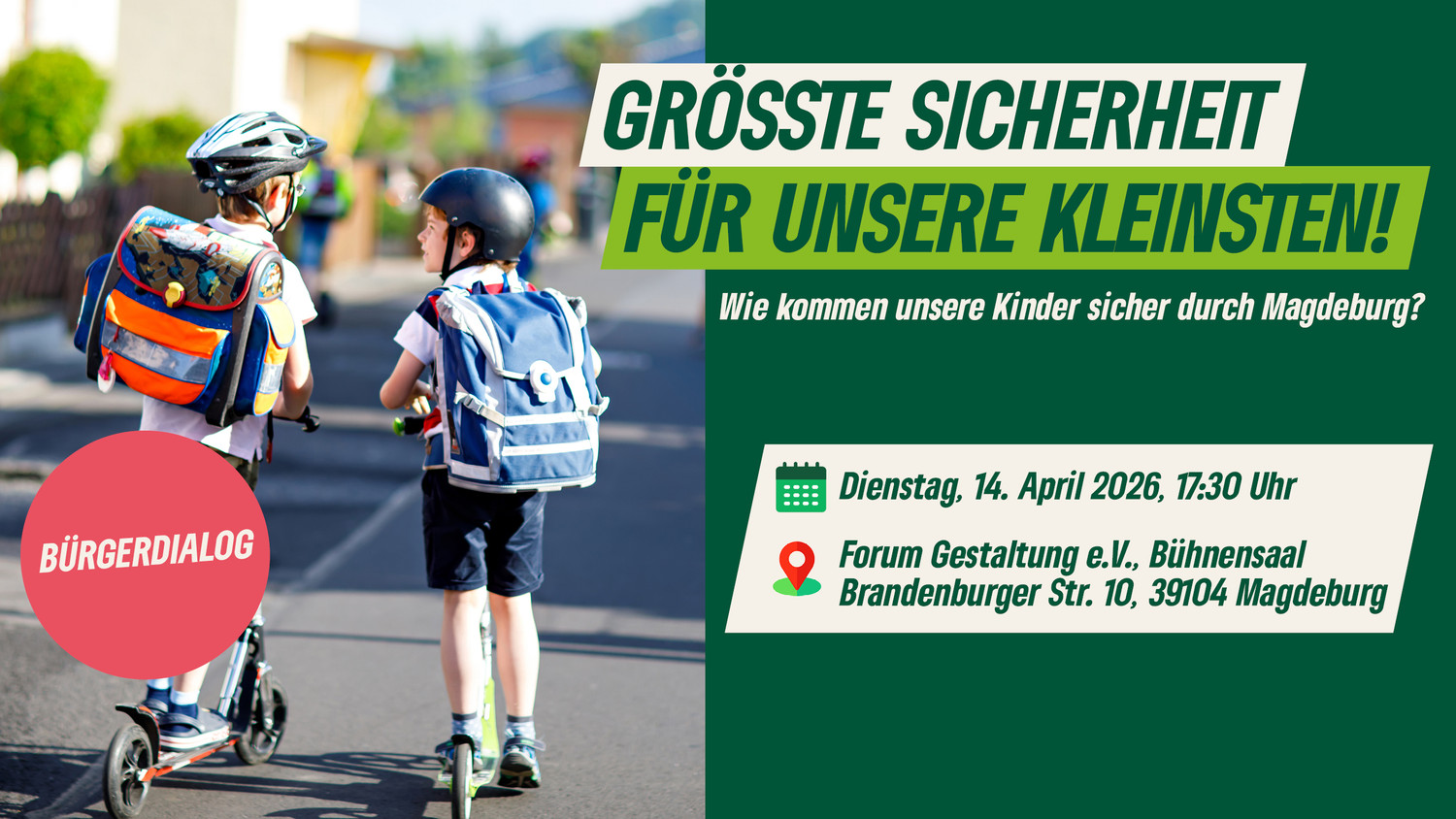 KI generiert: Zwei Kinder mit Helmen und Rucksäcken fahren auf Tretrollern nebeneinander auf einem Bürgersteig. Das Bild bewirbt einen Bürgerdialog zur Sicherheit von Kindern im Verkehr in Magdeburg.