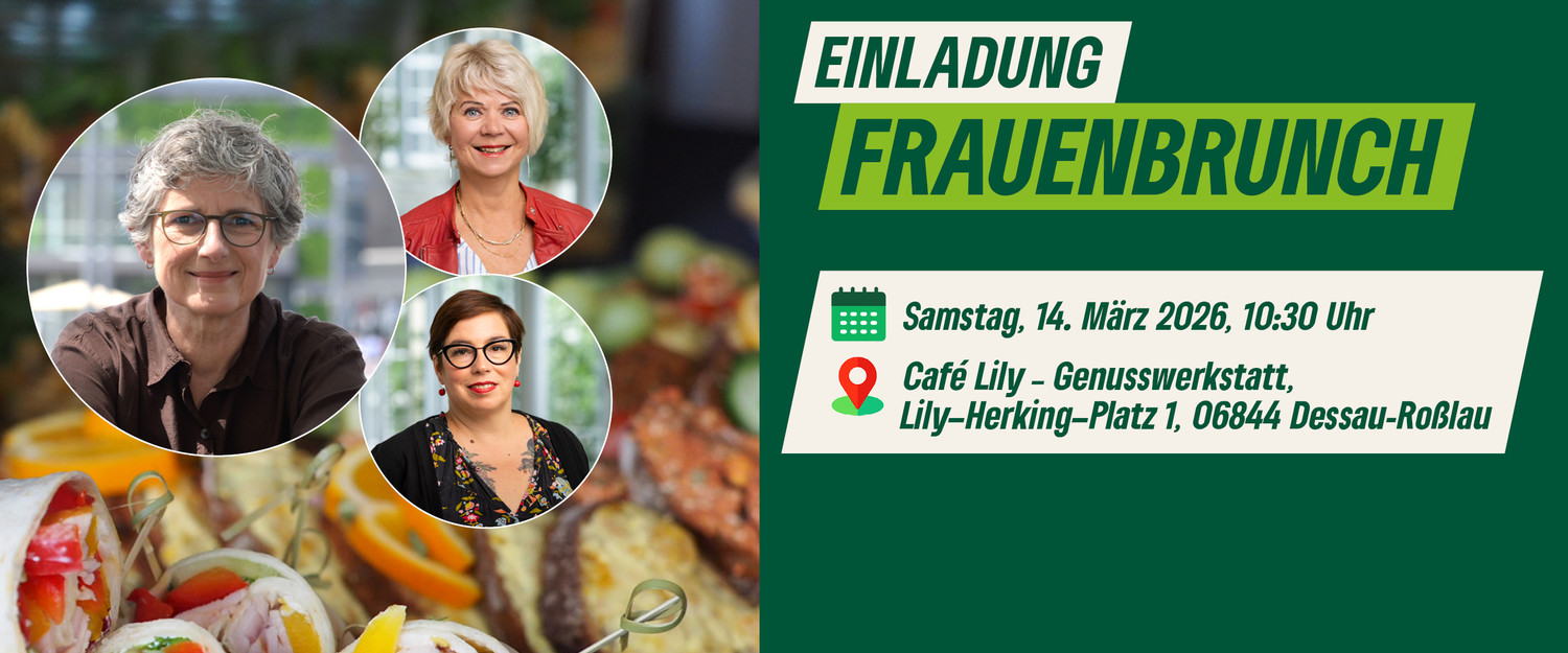 KI generiert: Das Bild ist eine Einladung zu einem Frauenbrunch, der am Samstag, den 14. März 2026, um 10:30 Uhr im Café Lily in Dessau-Roßlau stattfindet. Es zeigt Porträtbilder von drei Frauen und im Hintergrund Essen.